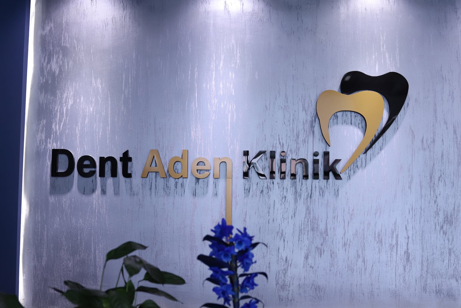 DentAden Klinik logo duvarı — fırçalanmış metal yüzey üzerinde marka kimliği